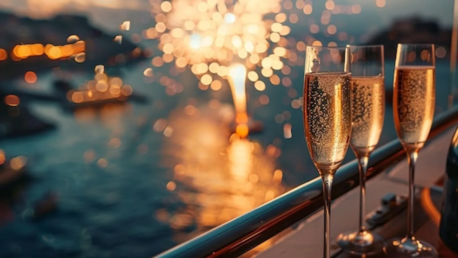 Champagnerflaschen und Gläser in einer luxuriösen, neonbeleuchteten Lounge